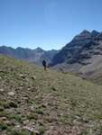 Mayela descending toward Buckskin Pass after breaking camp.