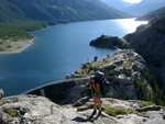 Mayela at the pass above Mystic Lake, with the dam behind her.  ~7300 feet.