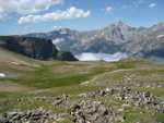 At about 10,900 feet, we found the first shelter, nestled in a nice little green mountain meadow.  What a view!