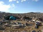Another shot of our "high camp" and tent shelter, facing northwest.  Those clouds touching down on the rocks were only a few hundred yards away.
