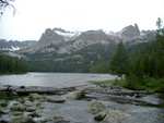 Hell Roaring Lake, as viewed from the river crossing, with the Finger of Fate visible.