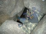 Jason dropping into the entrance of Smith's Crack, the first cave we explored.
