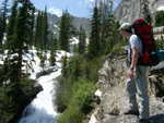 Paul overlooking Goat Falls from a large overhang near the top of the falls.