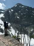 Stephen looking down onto a frozen Goat Lake from a few hundred feet up.