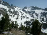 View of the upper basin, facing south.  Thompson Peak is the lone spire near the upper left.