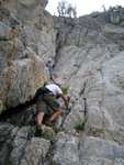 Starting up the crack.  It didn't look too bad from here, but we'd later realize we decided to climb a ~250 foot vertical slab of rock.