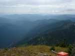 Snowy Top Summit.
Picture 3, facing SSE.
The Preist River canyon is in the background, with the infamous radio box in the foreground.