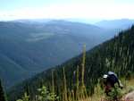 Unfortunately, we *did* have to leave the lookout, so here's Mayela heading back to the trail.  Priest River canyon is in the background.